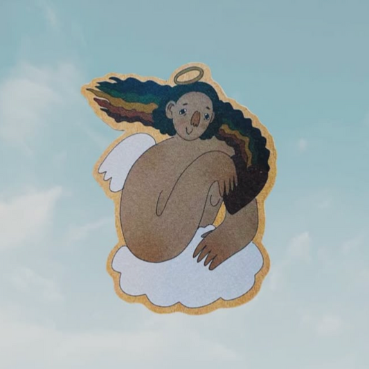 Illustration of a mermaid angel sitting on a cloud with a blue sky background